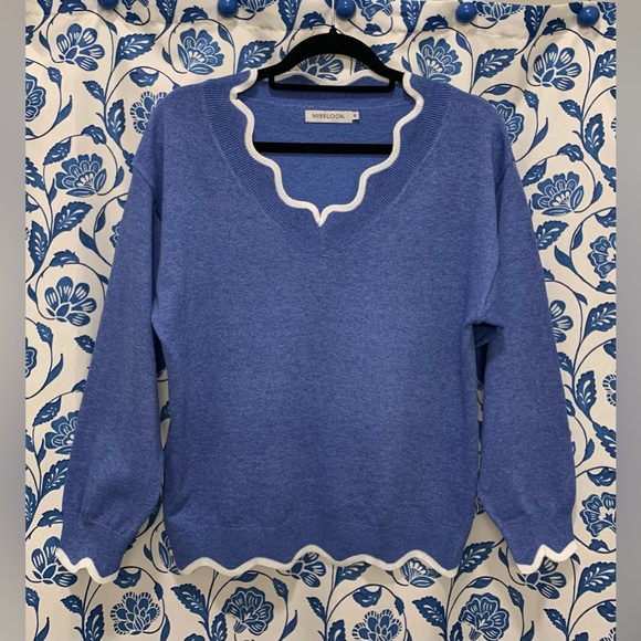 MISSLOOK Sweaters - Misslook Marbled Blue Scalloped Neck Line & Hem Sweater Sz M NWOT